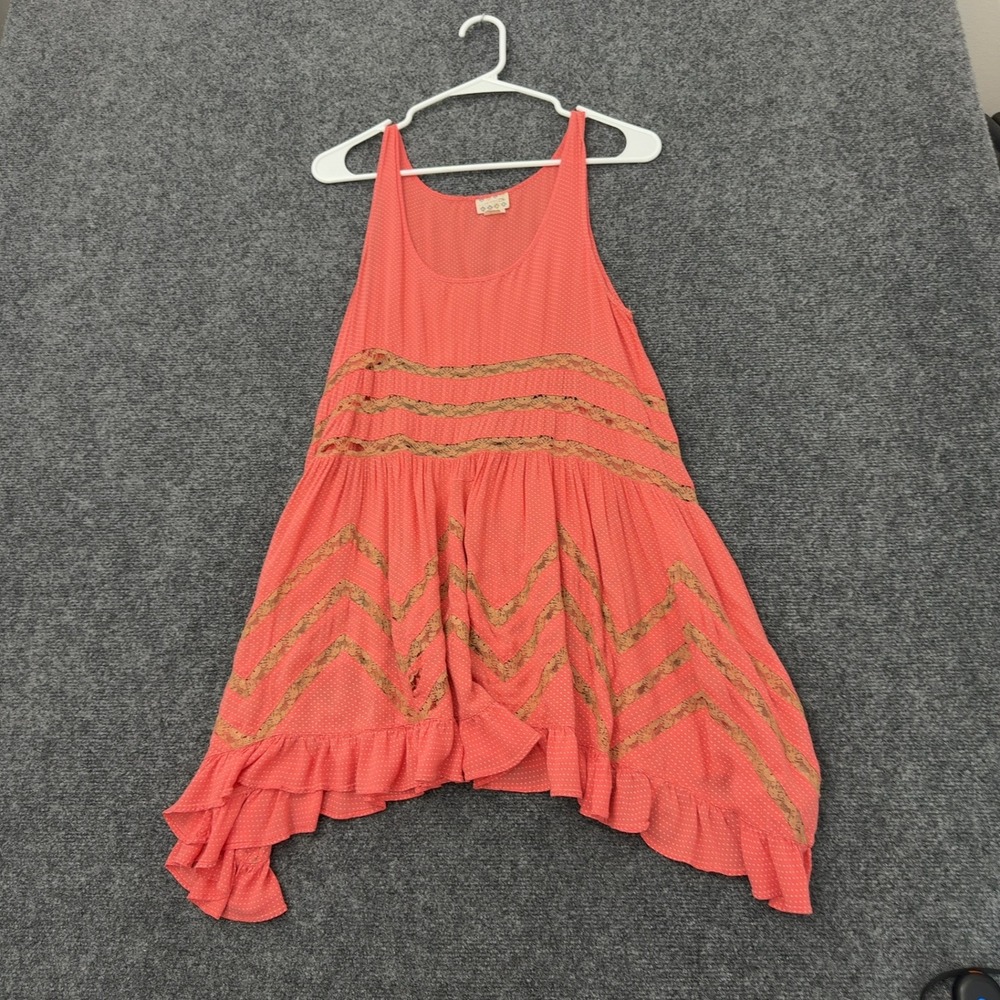 Free People Tunic Womens S Pink Polka Dot Lace Ruffle Sleeveless Boho Festival